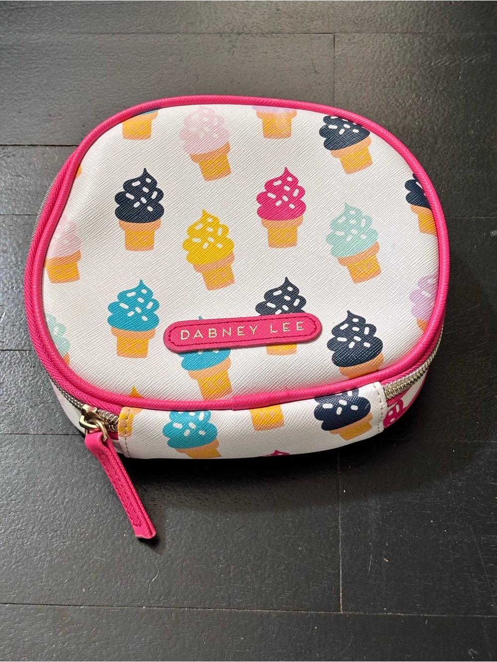 DABNEY LEE Round Cosmetic Bag Colorful Ice Cream Cone Print Pink Trim
